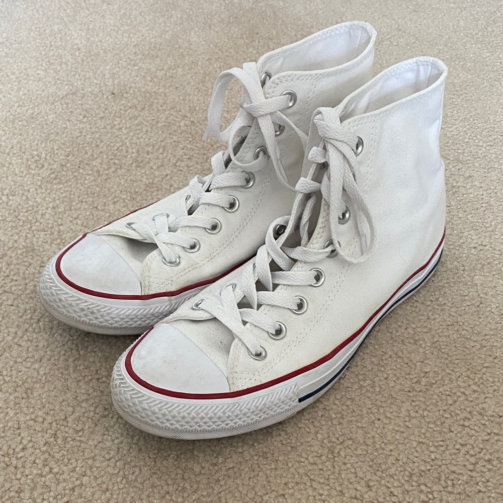 White High-Top Converse with Red and Blue Accents